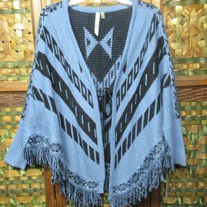 Black and Blue Knit Fringe Shawl